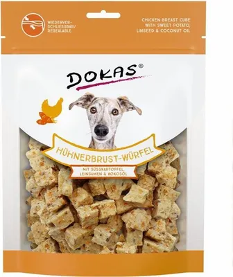 Produktbild von Dokas Hühnerbrust-Würfel mit Süßkartoffel, Leinsamen & Kokosöl, Snacks, Hund, Adult, Huhn, Süßkartoffeln, 150 g