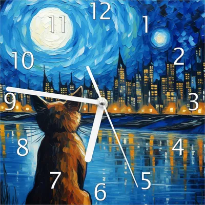 A wall clock with a painting of a cat looking at a city skyline under a moonlit sky.