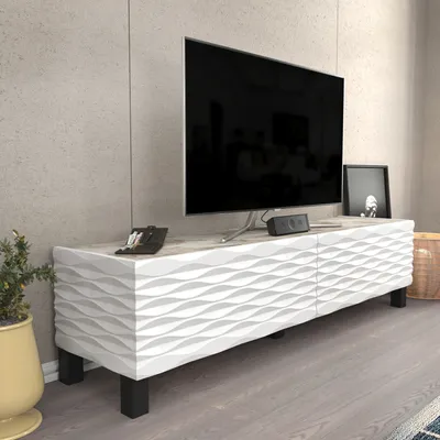 Image de Meuble TV Decorotika Lerze pour téléviseurs jusqu'à 64 pouces | Effet marbre blanc et blanc