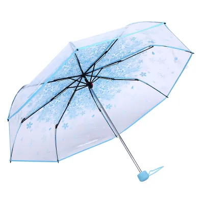 Produktbild von 1 Stück transparenter Faltregenschirm, modischer Prinzessinnenregenschirm mit Kirschblütenmuster, Blau