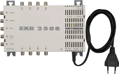A white satellite receiver with a black power cord.