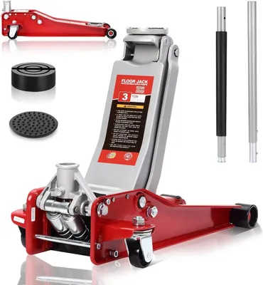 Image de TEENO Cric Hydraulique 3T | Cric Voiture | Hauteur de Levage 75-500 mm | Double Piston Bas + 2X Supports en Caoutchouc | roulettes 360° | Chandelle de
