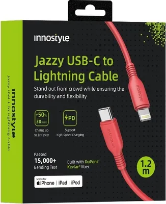 Obrázok produktu pre Innostyle Jazzy Usb-C Lightning Mfi Rýchlonabíjací Kábel Pre Iphone Polyamid 1M Červený