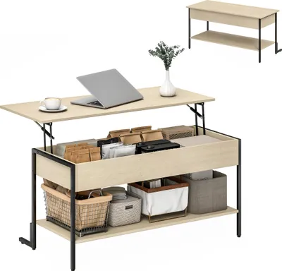 Image de Table basse avec plateau relevable, table de salon avec compartiment cachšŠ et šŠtagššre ouverte, 95x40x59cm, bois naturel