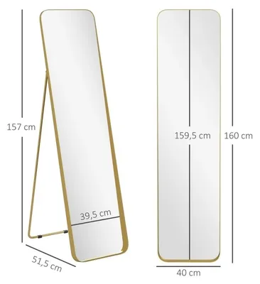 Zdjęcie produktu dla Lustro panoramiczne – stojące – 160 x 40 cm – stożkowy kształt – do postawienia – do montażu na ścianie – rama metalowa – złota