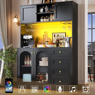 Image de Buffet moderne 120x40x188cm de style rustique avec bandeau lumineux LED et porte-boissons Armoire de cuisine à 4 portes Noir