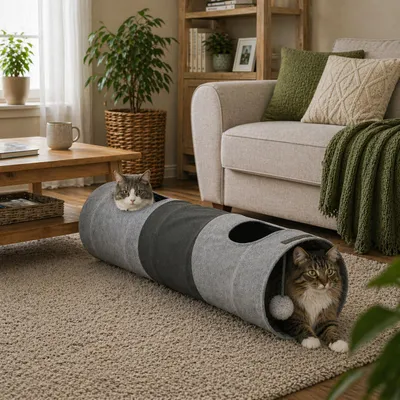 Produktbild von belviona Katzentunnel, faltbarer Spieltunnel für Katzen mit Spielball, erweiterbar, platzsparend & robust, 30x130 cm, grau
