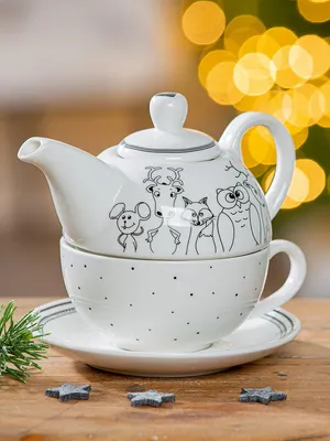 Produktbild von Gilde Teeservice 3 teiliges Set Tea for One  "Waldfreunde" Teekanne, Tasse, Unterteller