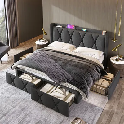 Obrázek produktu pro Čalouněná postel Sweiko 140x200 cm s nabíjecím čelem s funkcí nabíjení USB a 4 zásuvkami, úložný rám manželské postele, šedá (bez matrace)