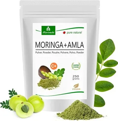 Produktbild von MoriVeda Moringa+Amla Pulver I Vegan I Moringa Oleifera Premium Blattpulver und Amla (Amalaki) Fruchtpulver I 1x250g