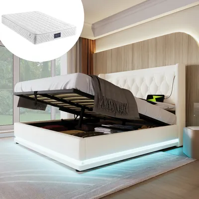 Obrázek produktu pro Čalouněná postel Sweiko manželská postel 140*200 cm, bílýPolyuretanmateriál Hydraulická úložná postel, čalouněné čelo s funkcí nabíjení USB typu C, funkce 3stranné LED (s matrací)