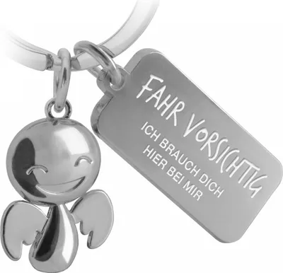 Produktbild von FABACH Schutzengel Schlüsselanhänger Happy mit Gravur - Niedlicher Auto Schlüsselanhänger mit Botschaft aus Metall für Autofahrer - Geschenk Glücksbringer Auto Führerschein - Fahr vorsichtig