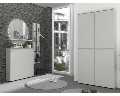Produktbild von Garderoben Set in Grau mit Schuhschränken, Spiegel inkl. LED Beleuchtung, 5 teilig - BREDA-36