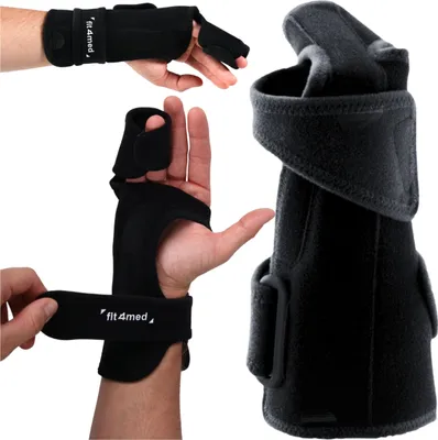 Collage of a black hand brace being worn and displayed.