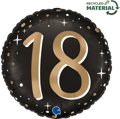 Zdjęcie produktu dla Balon Foliowy, okrągły, 18 urodziny, osiemnastka, czarno- złoty,  - 46 cm