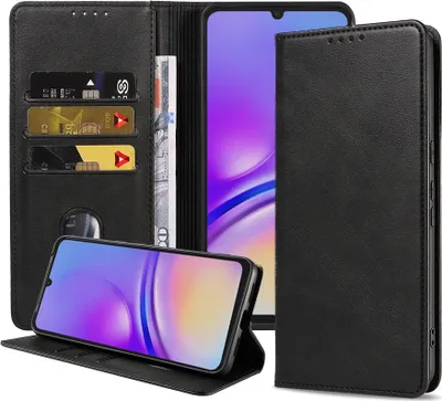 Produktbild von Smartphonica Handytasche passend für Samsung Galaxy A05 Kunstlederhülle mit Magnetverschluss und Kartenhalter Buchhülle mit Klappe - Schwarz