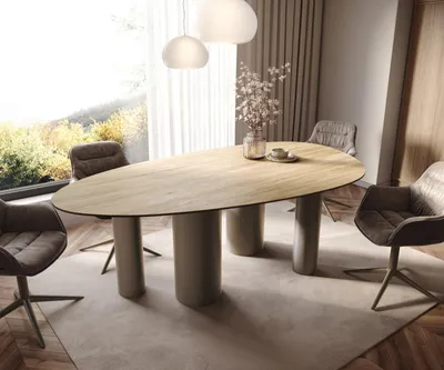 Produktbild von DELIFE Esstisch Edge Oval 220x120 Keramik Laminam® Sabbia Eichefarbig Pilier Metall Effektfinish Titan