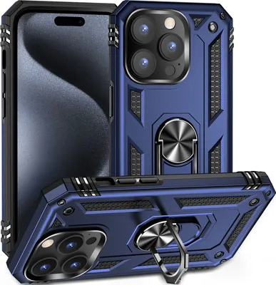 Produktbild von Schutzhülle für iPhone 15 Pro, Dual Layer Militäre Fallschutz Hülle mit Ringhalterung Ständer für iPhone 15 Pro Blau