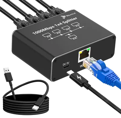 Produktbild von Gigabit Ethernet Netzwerk Splitter 4 Port LAN Hub 1000 Mbit s RJ45 Adapter für Gaming Büro Heimnetzwerk Stabil und Schnell Plug and Play Reagle