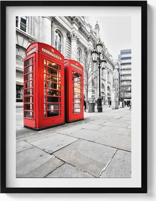 Produktbild von Rote Telefonzellen in London– Wandbild mit Rahmen – Gerahmtes Bild  – Wanddekoration – 60x80 cm –  Schwarz Rahmen