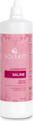 A bottle of saline solution for contact lenses.
