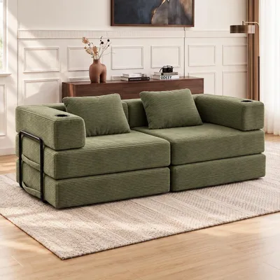 Produktbild von Modulares Sofa 2-Sitzer Cord,Klappbar & Ausziehbar als Schlafsofa,Mit 2 Kissen, Becherhaltern & Seitentasche,Weich & Ohne Montage