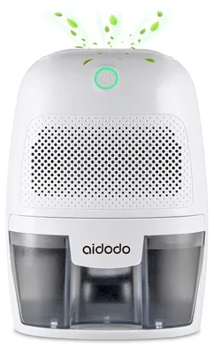 A white electric dehumidifier with a transparent water tank.