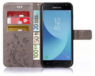 Produktbild von Handy Tasche für Samsung Galaxy J3 2017 Schutz Hülle Handyhülle mit Blumenmuster Klapp Hülle mit Standfunktion und Kartenfächer Farbe: Grau