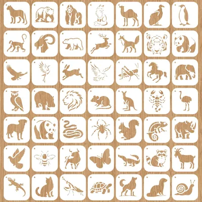 Image de Mini pochoirs pour motifs animaliers - 49 modèles réutilisables en PET pour travaux manuels - Idéal pour peindre sur bois, toile, meubles et terrasses - Dimensions : 10x10 cm
