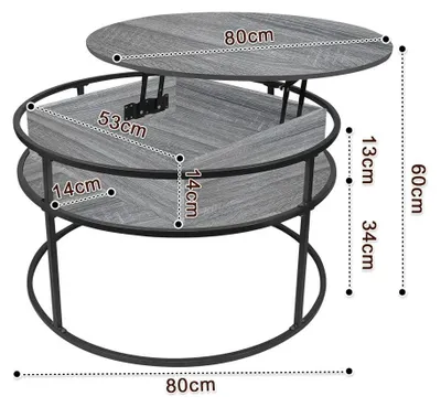 Produktbild von Runder 2-in-1 Couchtisch - Höhenverstellbarer Wohnzimmertisch - Mit verstecktem Stauraum - Metallgestell - Für Wohnzimmer Büro Schlafzimmer - Dunkelgrau