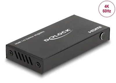Produktbild von DeLOCK HDMI Splitter 1 x HDMI in zu 2 x HDMI out 4K 60 Hz mit Downscaler, HDMI, 2x HDMI, 3840 x 2160 Pixel, Schwarz, Metall, 4K Ultra HD