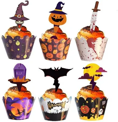 Immagine prodotto di Cupcakes a tema Halloween, confezione da 48 pezzi, con decorazioni a forma di fantasma, zucca e pipistrello