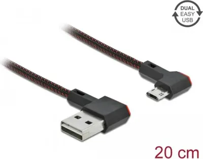 Produktbild von DeLOCK EASY-USB 2.0 Kabel Typ-A Stecker zu EASY-USB Typ Micro-B Stecker gewinkelt links / rechts 0,2 m schwarz, 0,2 m, USB A, Micro-USB B, USB 2.0, Schwarz