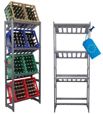 Produktbild von MODO24 Kistenregal Holz, 4 Kistenböden, 4 Getränkekisten, Getränkekistenhalter, Lagerregal, Keller, Massivholz Kiefer, 175,4x70x33 cm, Grau, LSR
