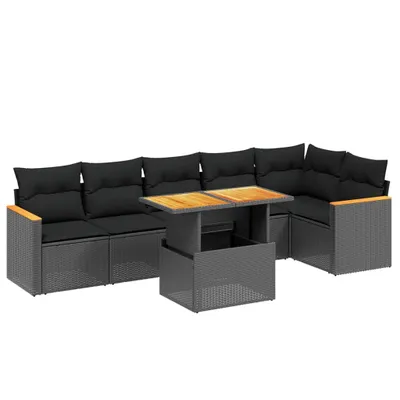 Image de vidaXL Ensemble de salon de jardin 7 pièces avec coussins noir poly rotin