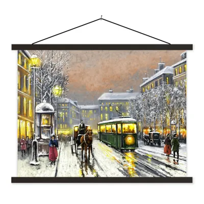 Produktbild von MuchoWow® Textilposter Gemälde - Ölgemälde - Winter - Straßenbahn - Pferd 150x113 cm mit schwarzem Rahmen - Wohnzimmer