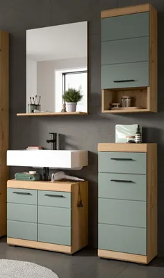 Produktbild von Badmöbel Set "Shawn" Salbei grün und Eiche Artisan, Badezimmer 4-teilig 112 cm