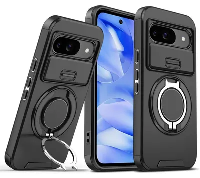 Image de Coque de protection pour Google Pixel 9/9 Pro, avec protection de l'appareil photo, support anneau, protection renforcée, couleur noire
