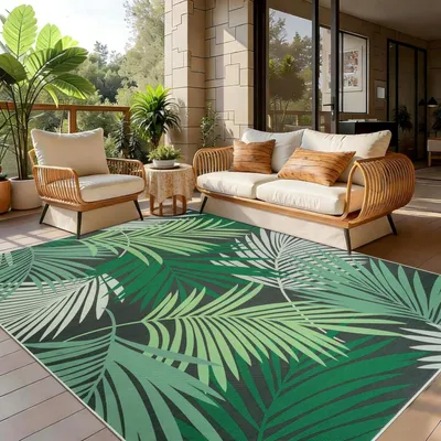 Productafbeelding van Buitentapijt 120 x 170 cm, groene bladeren, voor balkon