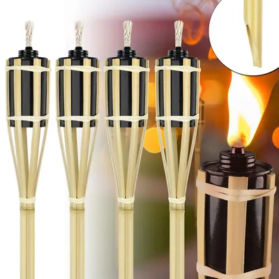 Obrázok produktu pre SADA 12 kusov bambusových záhradných lampičiek, výška 90 cm, olejové lampy s náhradnou knotkou, vhodné do záhrady a na terasu