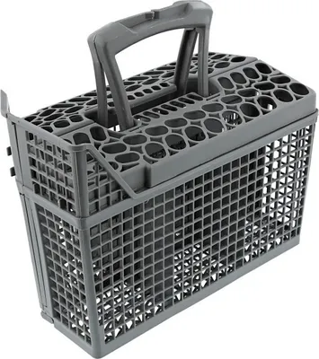 A close-up studio shot of a gray plastic dishwasher basket with a handle.