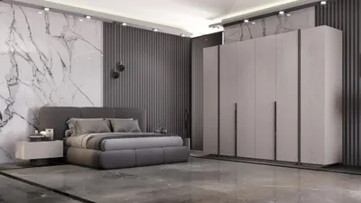Zdjęcie produktu dla Nowoczesny zestaw do sypialni w kolorze szarym Łóżko designerskie Szafa Szafki nocne