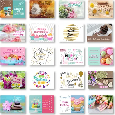 Produktbild von Domelo Geburtstagskarten 20er Set mit Umschlag, Happy Birthday Postkarten, Kraftpapier Karten zum Geburtstag, Geburtstagskarte für Mann/ Frau/ Kinder, Postkarte als Grußkarten