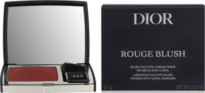A Dior Rouge Blush compact and its packaging are displayed side-by-side on a white background.