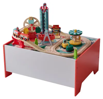 Produktbild von Teamson Kids Holz-Eisenbahn Spieltisch mit Freizeitpark & 6 Mini-Spielen – Interaktive Spielfläche mit Aufbewahrungsbox für Kinder
