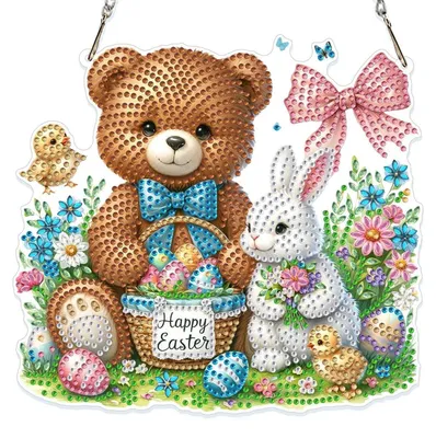 Produktbild von Diamond Painting Fensterbilder Bären & Kaninchen Beidseitig mit Kette Ostern Anhänger Kristall Bilder