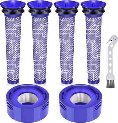 A set of vacuum cleaner filters and a cleaning brush are arranged on a white background.