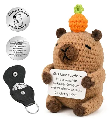 Handgehäkelte Capybara-Puppe mit Glücksmünze und Etui