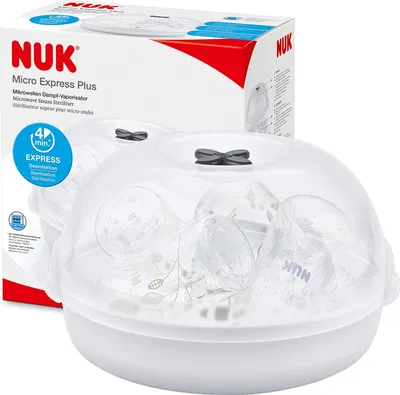 Produktbild von NUK Micro Express Plus Mikrowellen-Sterilisator für Flaschen | sterilisiert bis zu 4 Babyflaschen plus Zubehör in 4 Minuten | passt in die meisten Mikrowellen | inklusive Flaschenzange