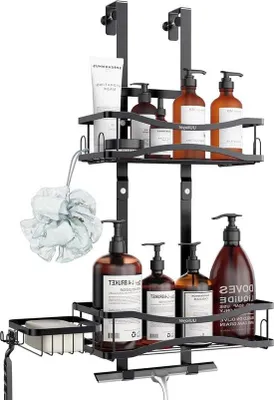 Produktbild von Duschregal aus Edelstahl, Hängeregal ohne Bohren, rahmenloser Glastürkorb für die Innenseite der Badezimmertür – Schwarz, 38 mm